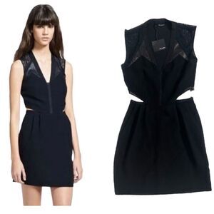 The Kooples Crepe Lace & Vegan Leather Cut Out Mini Dress Black Size Small NWT